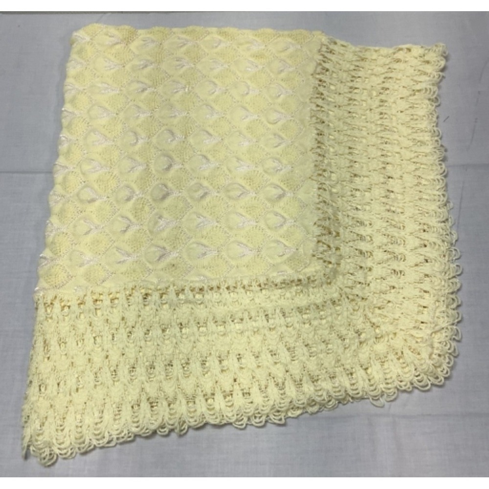 Heirloom Lace Crochet Baby Blanket Yellow Vintage W.P.L. made in Belgium